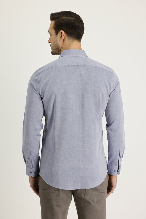 Orta Lacivert Uzun Kol Slim Fit Dar Kesim Klasik Desenli Pamuk Gömlek