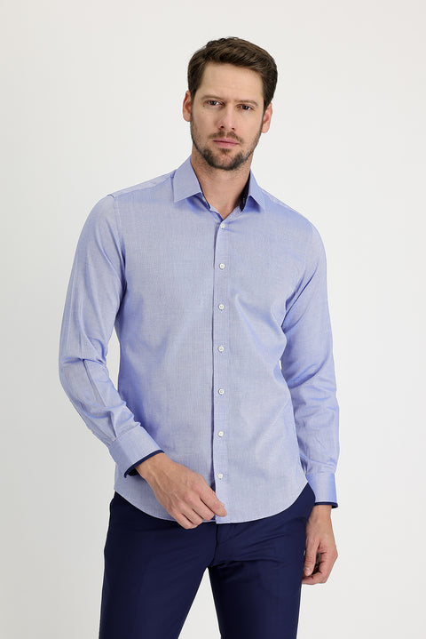 Gök Mavisi Techno-Line Gümüş İyonlu Slim Fit Dar Kesim Desenli Pamuk Gömlek