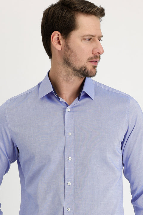 Gök Mavisi Techno-Line Gümüş İyonlu Slim Fit Dar Kesim Desenli Pamuk Gömlek