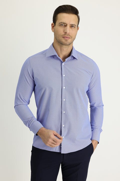 Orta Lacivert Uzun Kol Slim Fit Dar Kesim Klasik Desenli Pamuklu Kolay Ütülenebilir Gömlek