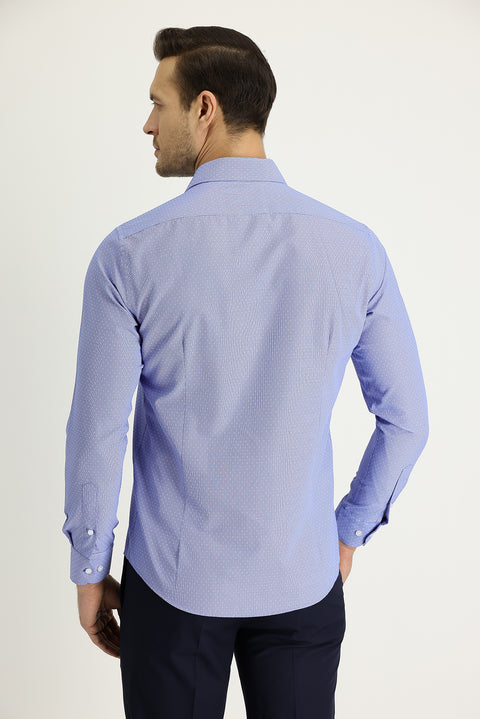 Orta Lacivert Uzun Kol Slim Fit Dar Kesim Klasik Desenli Pamuklu Kolay Ütülenebilir Gömlek