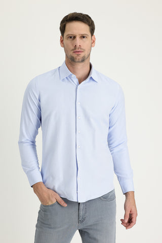  Uçuk Mavi Uzun Kol Slim Fit Dar Kesim Klasik Desenli Pamuklu Kolay Ütülenebilir Gömlek