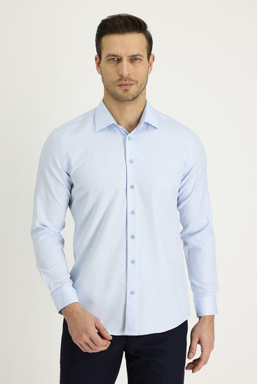 Uçuk Mavi Uzun Kol Slim Fit Dar Kesim Klasik Desenli Pamuklu Kolay Ütülenebilir Gömlek