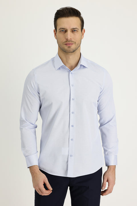 Uçuk Mavi Uzun Kol Slim Fit Dar Kesim Klasik Desenli Pamuklu Kolay Ütülenebilir Gömlek