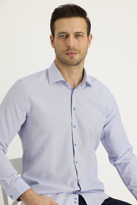 Gök Mavisi Uzun Kol Slim Fit Dar Kesim Klasik Desenli Pamuklu Kolay Ütülenebilir Gömlek