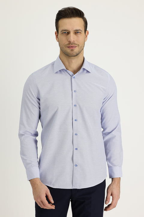 Gök Mavisi Uzun Kol Slim Fit Dar Kesim Klasik Desenli Pamuklu Kolay Ütülenebilir Gömlek