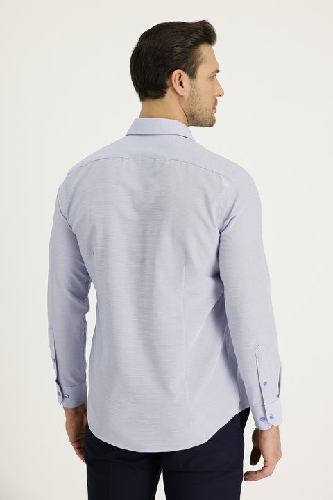 Gök Mavisi Uzun Kol Slim Fit Dar Kesim Klasik Desenli Pamuklu Kolay Ütülenebilir Gömlek