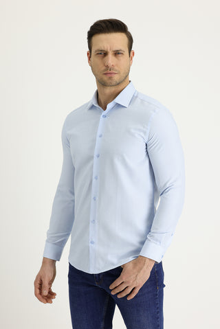  Uçuk Mavi Uzun Kol Slim Fit Dar Kesim Klasik Desenli Pamuklu Kolay Ütülenebilir Gömlek