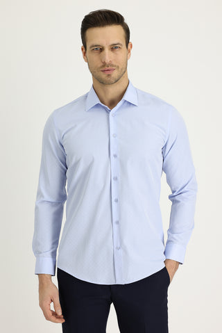  Uçuk Mavi Uzun Kol Slim Fit Dar Kesim Klasik Desenli Pamuklu Kolay Ütülenebilir Gömlek-Ki??l?