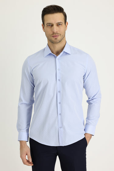  Uçuk Mavi Uzun Kol Slim Fit Dar Kesim Klasik Desenli Pamuklu Kolay Ütülenebilir Gömlek