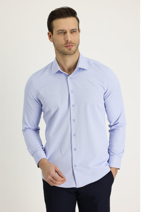 Açık Mavi Uzun Kol Slim Fit Dar Kesim Klasik Desenli Pamuklu Kolay Ütülenebilir Gömlek