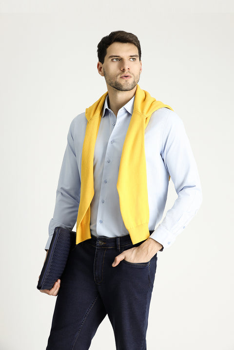 Uçuk Mavi Uzun Kol Slim Fit Dar Kesim Klasik Desenli Pamuklu Kolay Ütülenebilir Gömlek