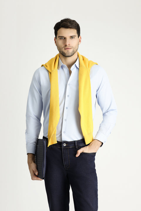 Uçuk Mavi Uzun Kol Slim Fit Dar Kesim Klasik Desenli Pamuklu Kolay Ütülenebilir Gömlek