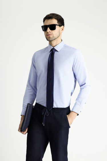 Açık Mavi Uzun Kol Slim Fit Dar Kesim Klasik Desenli Pamuklu Kolay Ütülenebilir Gömlek