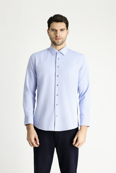 Açık Mavi Uzun Kol Slim Fit Dar Kesim Klasik Desenli Pamuklu Kolay Ütülenebilir Gömlek