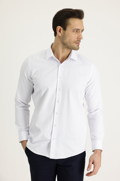 Beyaz Uzun Kol Slim Fit Dar Kesim Klasik Desenli Pamuklu Kolay Ütülenebilir Gömlek