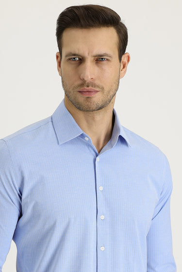Açık Mavi Uzun Kol Slim Fit Dar Kesim Klasik Desenli Pamuklu Kolay Ütülenebilir Gömlek