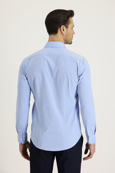 Açık Mavi Uzun Kol Slim Fit Dar Kesim Klasik Desenli Pamuklu Kolay Ütülenebilir Gömlek