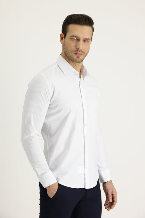 Beyaz Uzun Kol Slim Fit Dar Kesim Klasik Desenli Pamuklu Kolay Ütülenebilir Gömlek