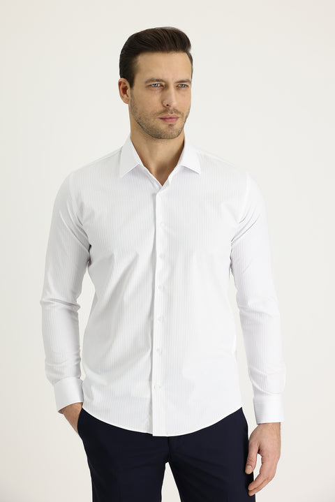 Beyaz Uzun Kol Slim Fit Dar Kesim Klasik Desenli Pamuklu Kolay Ütülenebilir Gömlek