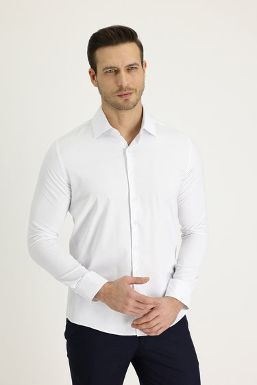  Beyaz Uzun Kol Slim Fit Dar Kesim Klasik Desenli Pamuklu Kolay Ütülenebilir Gömlek