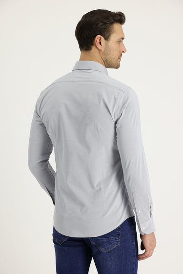 Orta Lacivert Uzun Kol Slim Fit Dar Kesim Klasik Desenli Pamuklu Kolay Ütülenebilir Gömlek