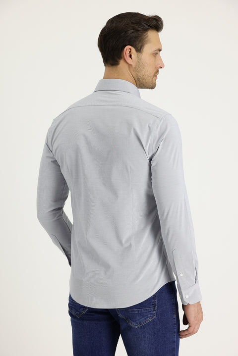 Orta Lacivert Uzun Kol Slim Fit Dar Kesim Klasik Desenli Pamuklu Kolay Ütülenebilir Gömlek