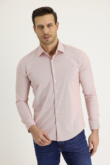 Açık Kırmızı Uzun Kol Slim Fit Dar Kesim Klasik Desenli Pamuklu Kolay Ütülenebilir Gömlek