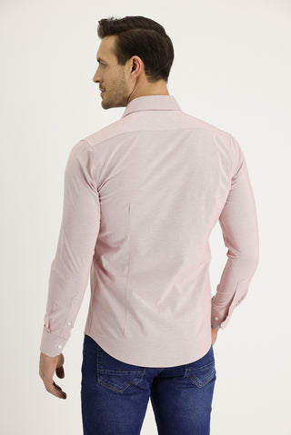  Açık Kırmızı Uzun Kol Slim Fit Dar Kesim Klasik Desenli Pamuklu Kolay Ütülenebilir Gömlek