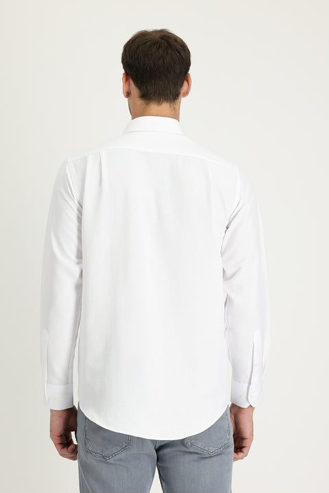 White Long-Sleeve Classic Patterned Cotton Easy-Iron Shirt