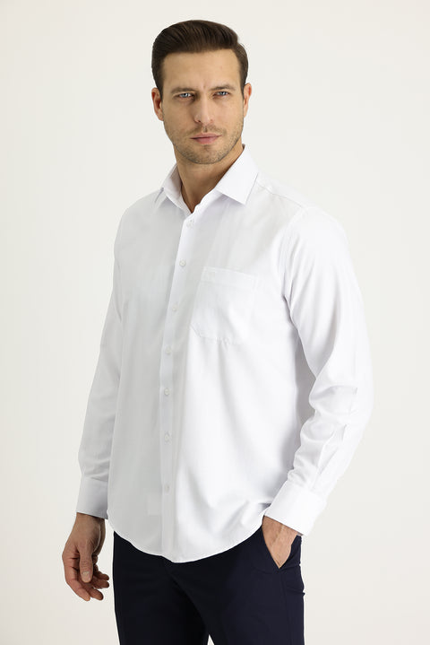 Beyaz Uzun Kol Klasik Desenli Pamuklu Kolay Ütülenebilir Gömlek