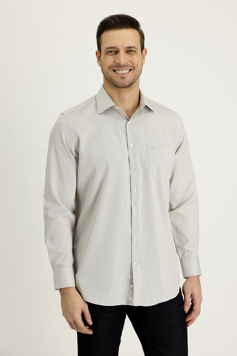 Açık Bej Uzun Kol Klasik Desenli Pamuklu Kolay Ütülenebilir Gömlek