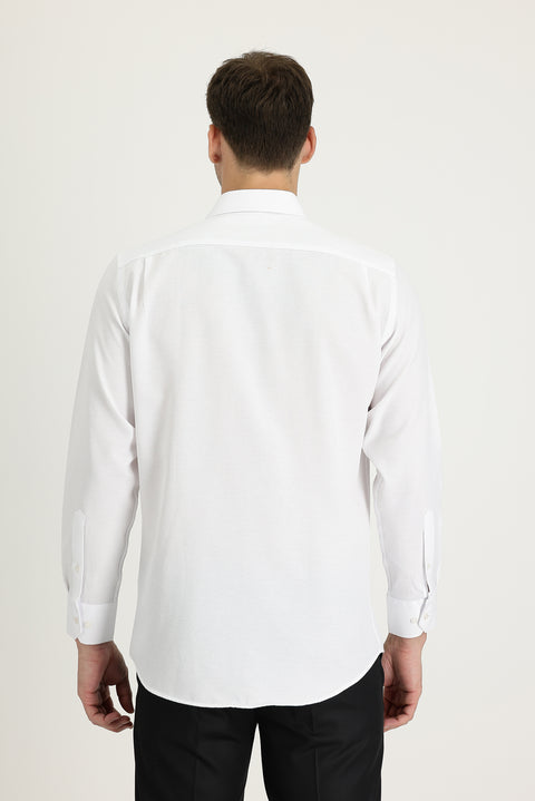 Beyaz Uzun Kol Klasik Desenli Pamuklu Gömlek