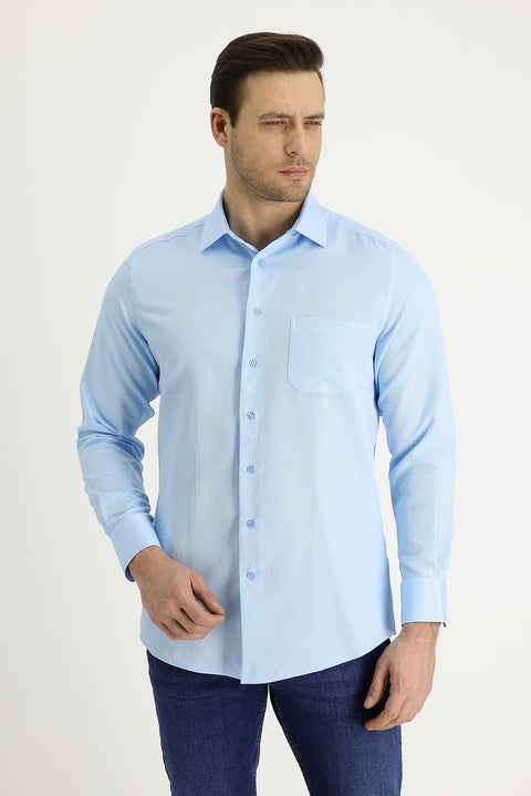 Uçuk Mavi Uzun Kol Klasik Desenli Pamuklu Gömlek