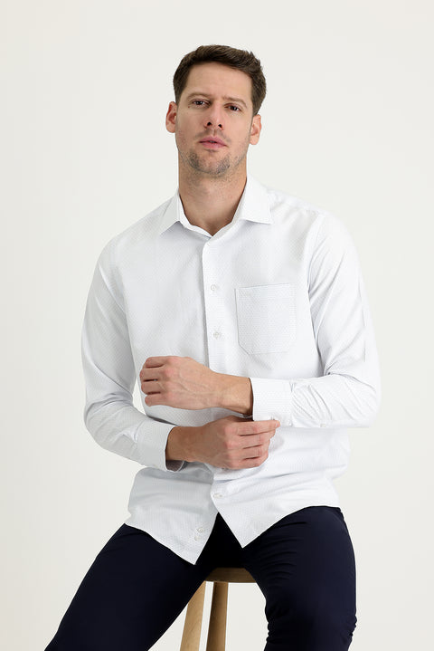 Kırık Beyaz Uzun Kol Klasik Desenli Pamuklu Gömlek