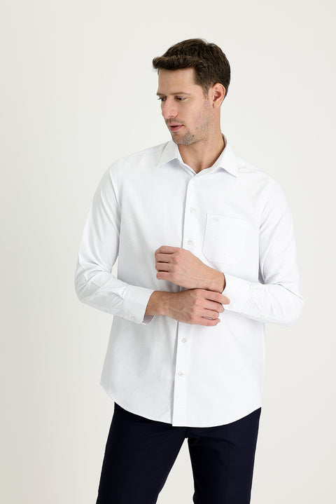 Kırık Beyaz Uzun Kol Klasik Desenli Pamuklu Gömlek