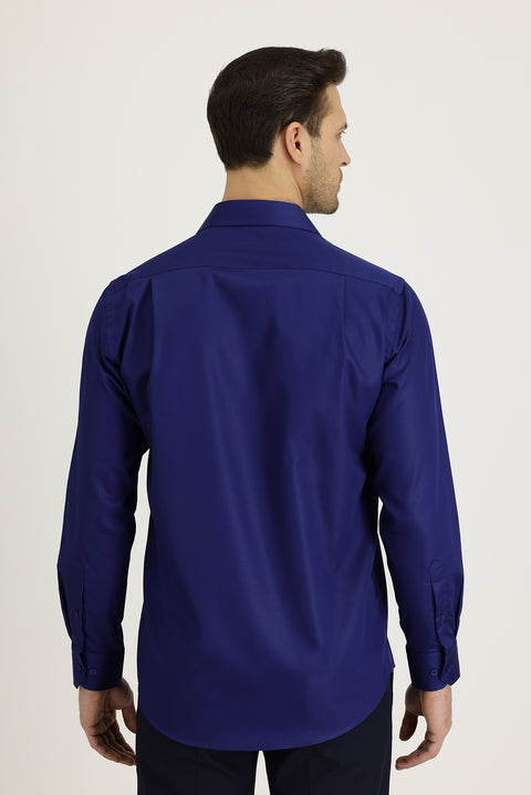 Orta Lacivert Uzun Kol Non Iron Saten Klasik Pamuklu Gömlek