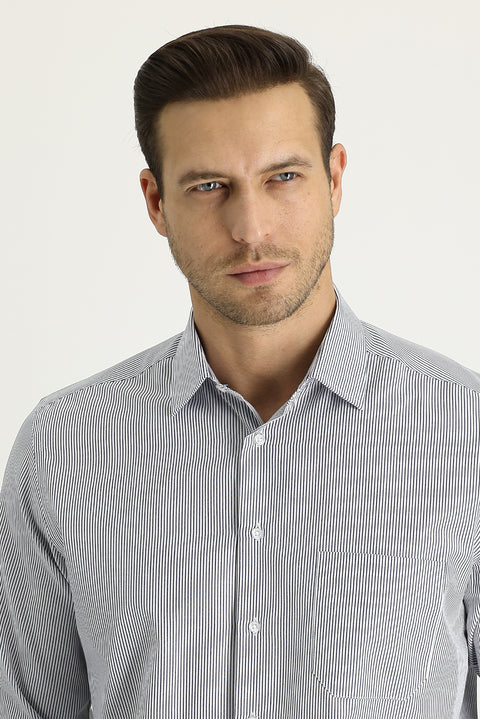 Koyu Lacivert Uzun Kol Regular Fit Çizgili Gömlek