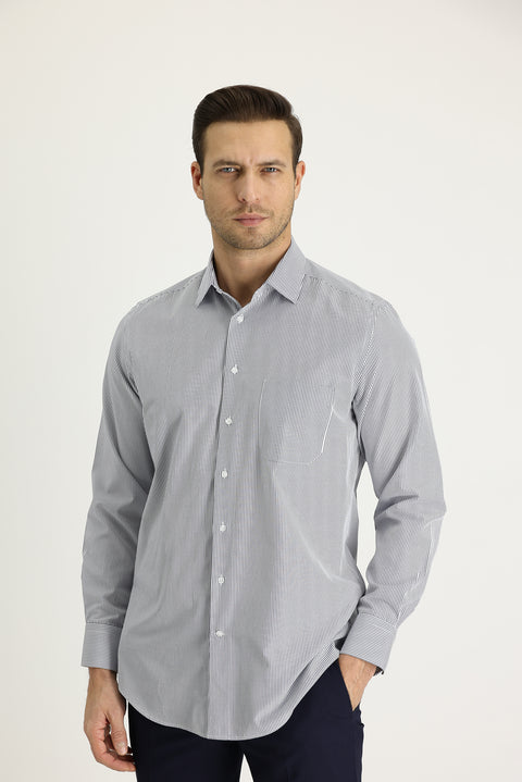 Koyu Lacivert Uzun Kol Regular Fit Çizgili Gömlek