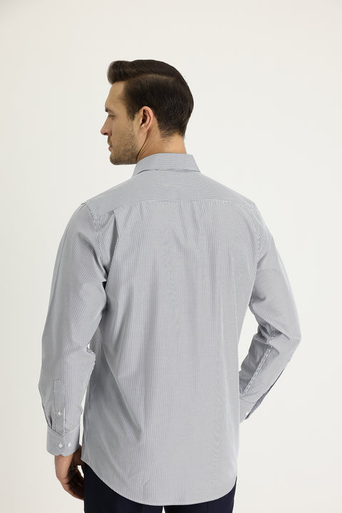 Koyu Lacivert Uzun Kol Regular Fit Çizgili Gömlek