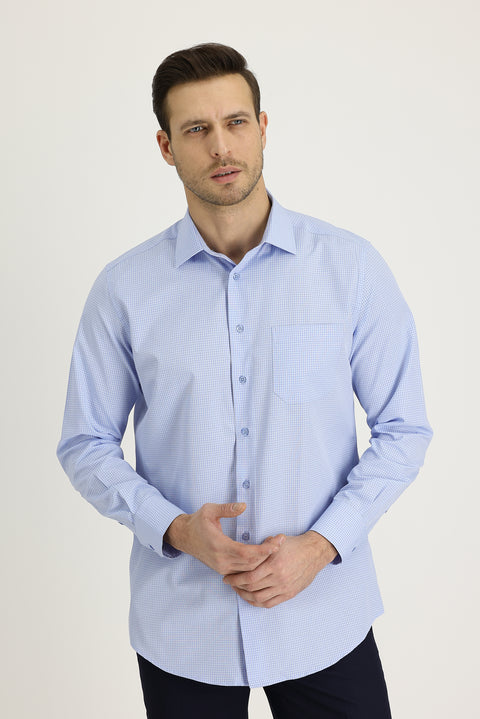Light Blue Long Sleeve Regular Fit Plaid Cotton Easy-Iron Shirt