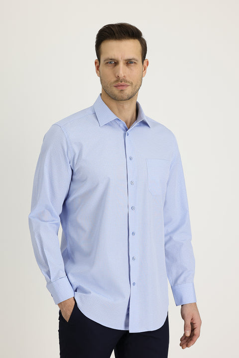 Light Blue Long Sleeve Regular Fit Plaid Cotton Easy-Iron Shirt