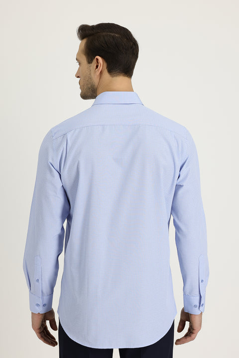 Light Blue Long Sleeve Regular Fit Plaid Cotton Easy-Iron Shirt