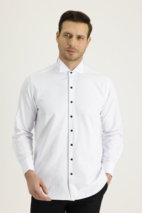 Beyaz Uzun Kol Ata Yaka Klasik Pamuklu Kolay Ütülenebilir Gömlek