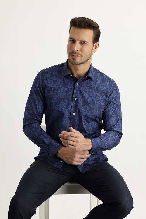 Koyu Lacivert Uzun Kol Slim Fit Dar Kesim Baskılı Pamuk Gömlek