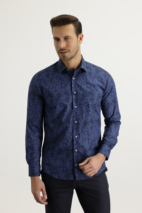 Koyu Lacivert Uzun Kol Slim Fit Dar Kesim Baskılı Pamuk Gömlek
