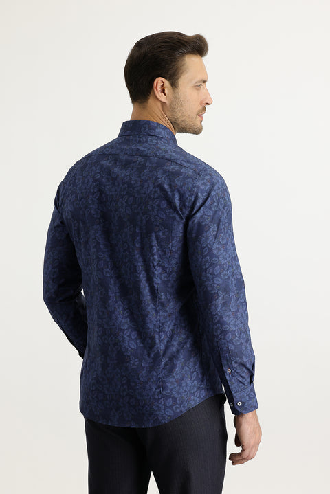 Koyu Lacivert Uzun Kol Slim Fit Dar Kesim Baskılı Pamuk Gömlek