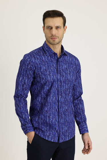  Mavi Uzun Kol Slim Fit Dar Kesim Baskılı Pamuk Gömlek