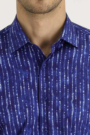  Mavi Uzun Kol Slim Fit Dar Kesim Baskılı Pamuk Gömlek