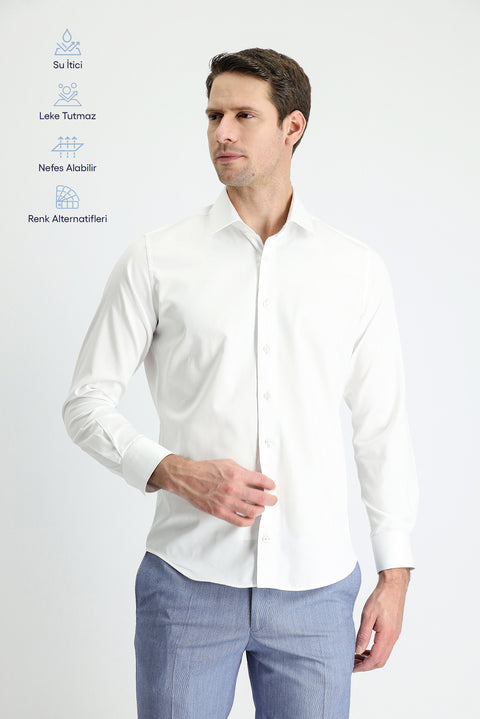 Beyaz Uzun Kol Slim Fit Dar Kesim Klasik Nano Care Su İtici Leke Tutmaz 4 Mevsim Pamuk Gömlek